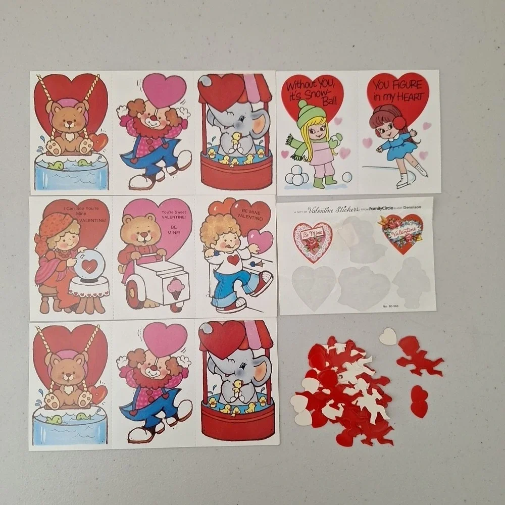 Vintage 1970's Valentines Cards Stickers & Craft Confetti, 11 Cards Rare Find